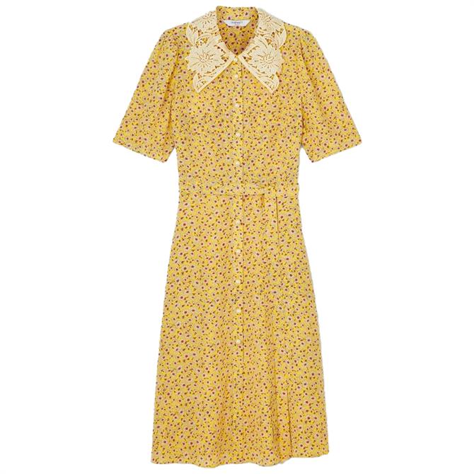 L.K. Bennett Haskell Yellow Daisy Print Lace Collar Silk Shirt Dress